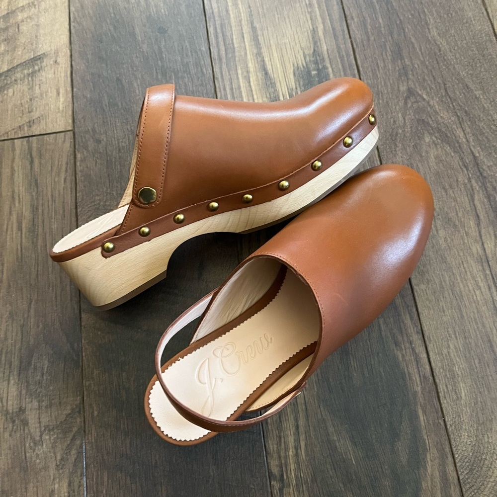 J. Crew Brown Leather Clogs with Wooden Sole